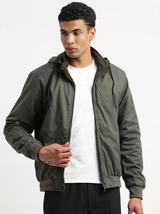 Men Mock Collar Grey Solid Reversible Bomber Jacket comes with Detachable Hoodie-77001-A-Grey