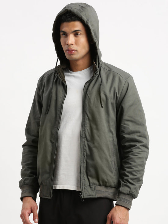 Men Mock Collar Grey Solid Reversible Bomber Jacket comes with Detachable Hoodie-77001-A-Grey