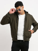 Men Mandarin Collar Green Solid Reversible Bomber Jacket comes with Detachable Hoodie-77002-Green