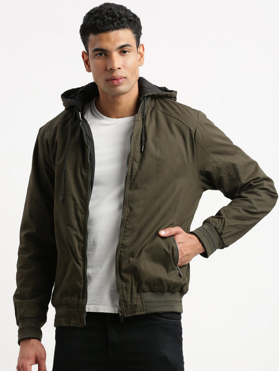 Men Mandarin Collar Green Solid Reversible Bomber Jacket comes with Detachable Hoodie-77002-Green