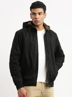 Men Mock Collar Black Solid Reversible Bomber Jacket comes with Detachable Hoodie-7701-A-Black