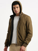 Men Mock Collar Black Solid Reversible Bomber Jacket comes with Detachable Hoodie-7701-A-Black