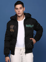 Men Solid Black Puffer Jacket with Hoodie-77113-Black