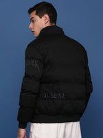 Men Solid Black Puffer Jacket with Hoodie-77113-Black