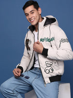 Men Solid Cream Puffer Jacket with Hoodie-77113-Cream