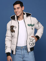 Men Solid Cream Puffer Jacket with Hoodie-77113-Cream