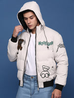 Men Solid Cream Puffer Jacket with Hoodie-77113-Cream