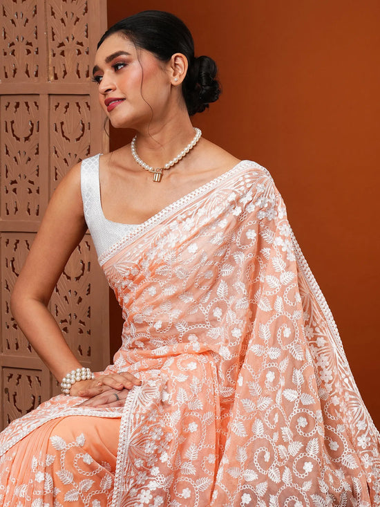 Saree Mall Women's Organza Peach Embroidered Designer Saree With Blouse Piece-7KAVI701