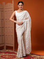 Saree Mall Women's Organza Cream Embroidered Designer Saree With Blouse Piece-7KAVI706