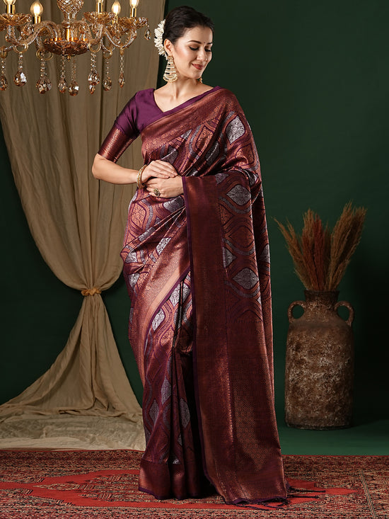 Saree Mall Women's  Blend Purple Woven Design Designer Saree With Blouse Piece-7REEVA7004