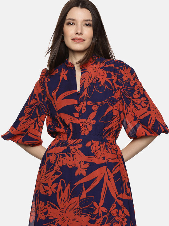 Floral Blue Printed Baloon Sleeve Dress-17373