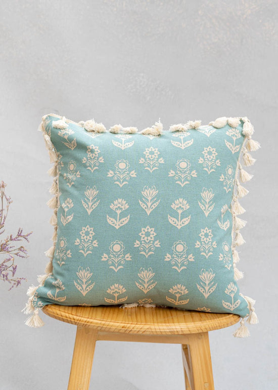 Dahlia Printed 100% cotton floral cushion cover for sofa with tassels - Nile Blue-230451014