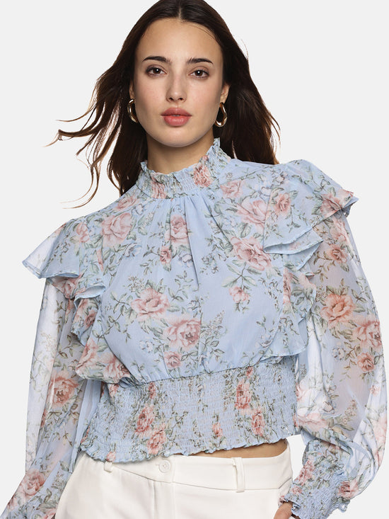 Floral Mutlicolor Gathered Smocked Sleeve Top-17415