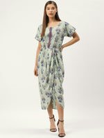 Gold Block Print Front Pleated side cowl dress in Pista Green
