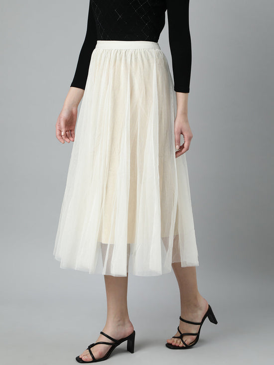 Women Solid Cream Flared Midi Skirt-809-Cream