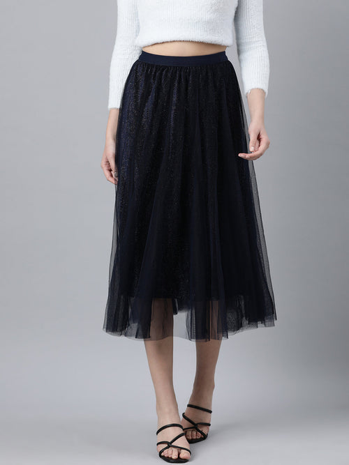 Women Solid Navy Blue Flared Midi Skirt-809-Navyblue