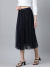 Women Solid Navy Blue Flared Midi Skirt-809-Navyblue