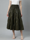 Women Solid Olive Tiered Midi Skirt-811-Olive