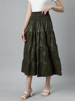 Women Solid Olive Tiered Midi Skirt-811-Olive