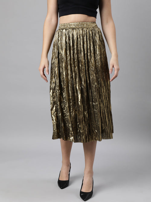 Women Solid Flared Gold Midi Skirt-8128-Gold