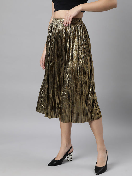 Women Solid Flared Gold Midi Skirt-8128-Gold