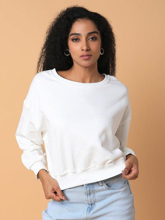 Women Solid Off White Drop Shoulder Pullover-821-Offwhite