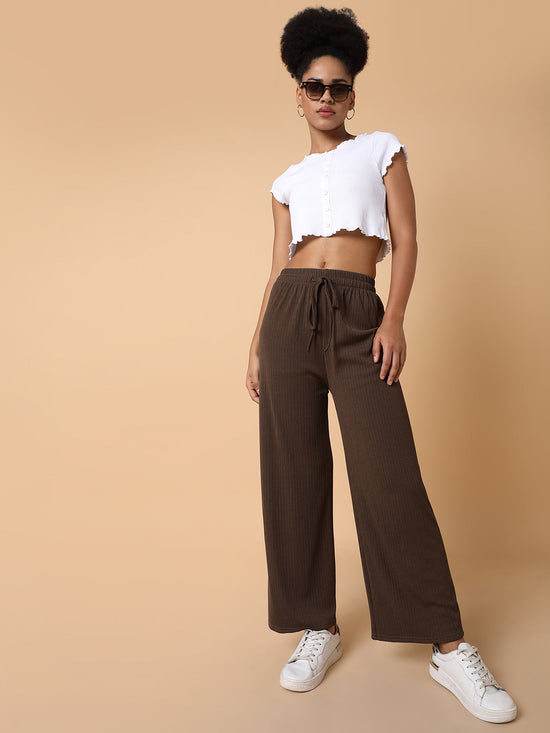 Women Flat Front Solid Brown Trousers-8622-Brown