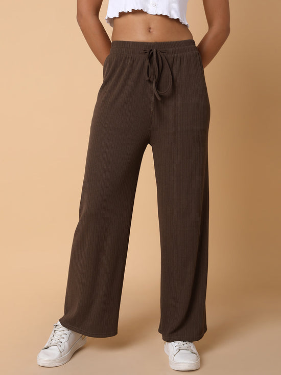 Women Flat Front Solid Brown Trousers-8622-Brown