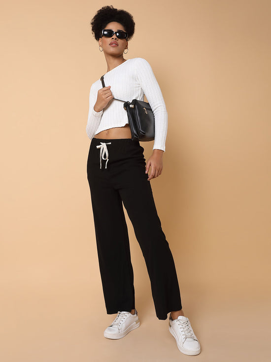 Women Flat Front Solid Black Trousers-8627-Black