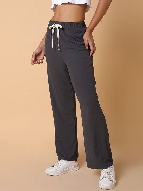 Women Flat Front Solid Grey Trousers-8627-Grey