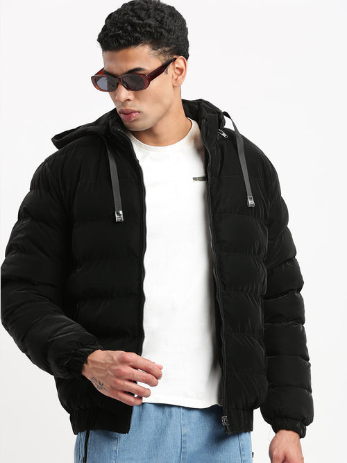 Men Mock Collar Black Solid Reversible Puffer Jacket comes with Detachable Hoodie-88110-Black