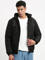 Men Mock Collar Black Solid Reversible Puffer Jacket comes with Detachable Hoodie-88110-Black