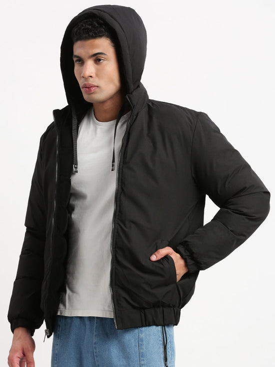 Men Mock Collar Black Solid Reversible Puffer Jacket comes with Detachable Hoodie-88110-Black