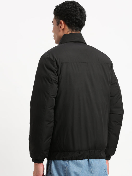 Men Mock Collar Black Solid Reversible Puffer Jacket comes with Detachable Hoodie-88110-Black