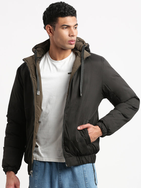 Men Mock Collar Brown Solid Reversible Puffer Jacket comes with Detachable Hoodie-88110-Brown