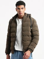 Men Mock Collar Brown Solid Reversible Puffer Jacket comes with Detachable Hoodie-88110-Brown