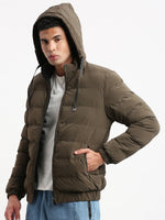 Men Mock Collar Brown Solid Reversible Puffer Jacket comes with Detachable Hoodie-88110-Brown