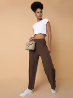 Women Flat Front Solid Brown Trousers-8826-1-Brown