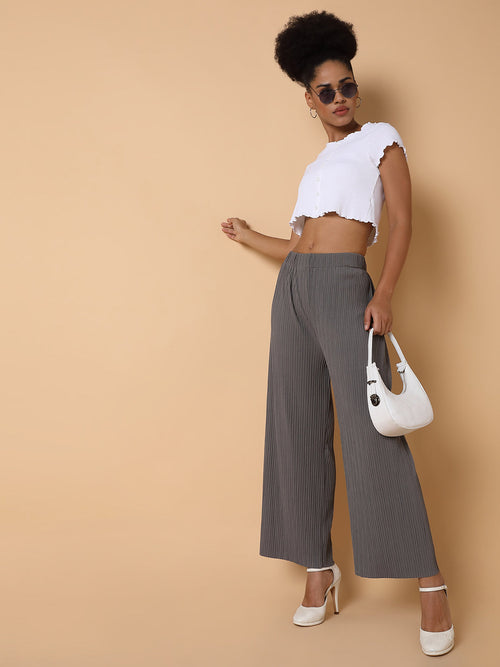 Women Flat Front Solid Grey Trousers-8826-1-Grey