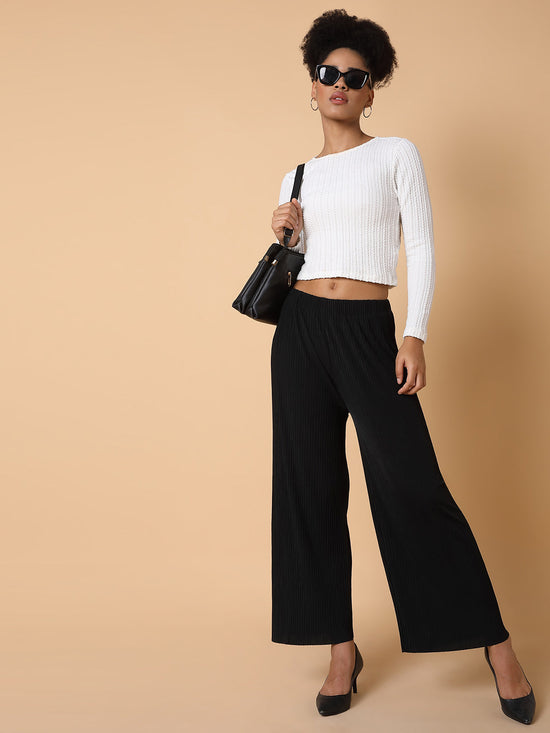 Women Flat Front Solid Black Trousers-8826-Black