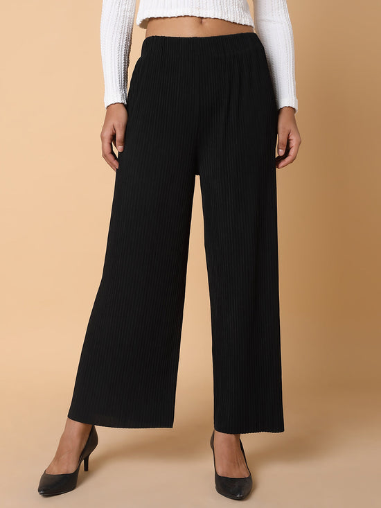 Women Flat Front Solid Black Trousers-8826-Black