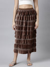 Women Self Design Brown Tiered Maxi Skirt-8831-Brown