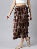 Women Self Design Brown Tiered Maxi Skirt-8831-Brown