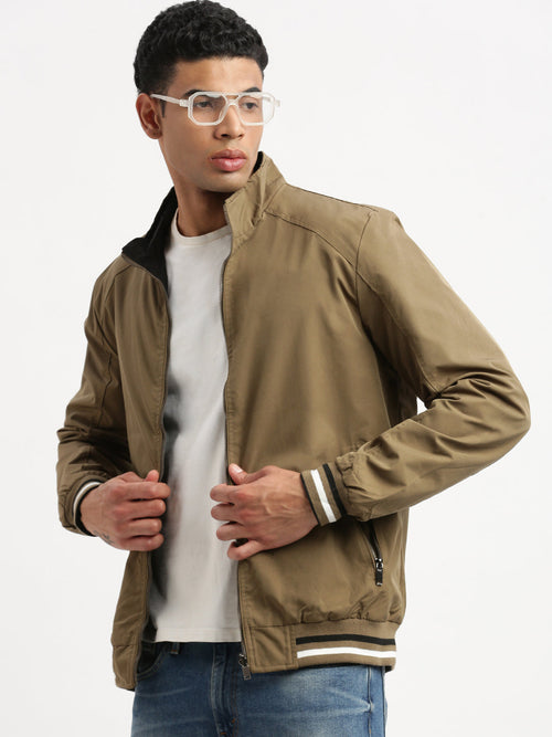 Men Mock Collar Olive Solid Reversible Bomber Jacket-8833B-Olive