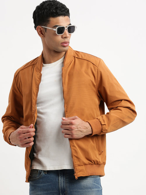 Men Mandarin Collar Mustard Solid Bomber Jacket-8835A-Mustard