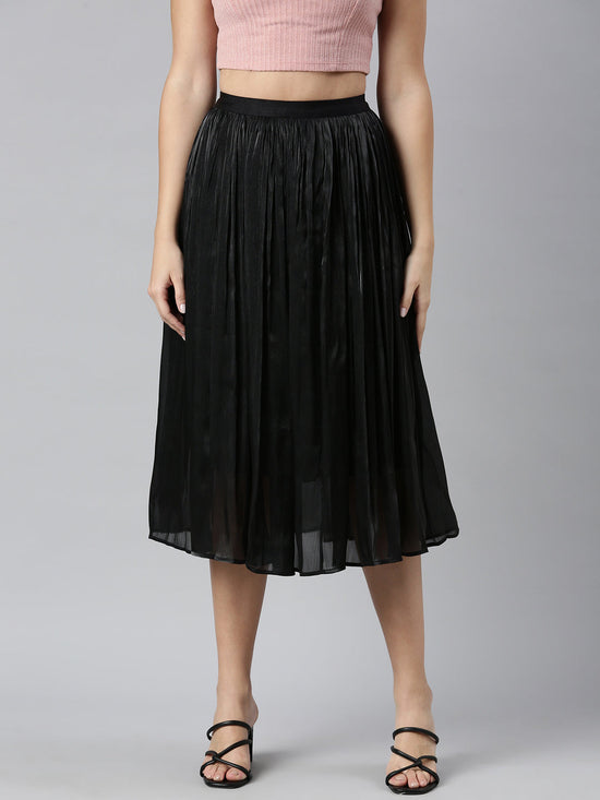 Women Solid Black Flared Midi Skirt-8988-Black