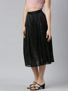 Women Solid Black Flared Midi Skirt-8988-Black