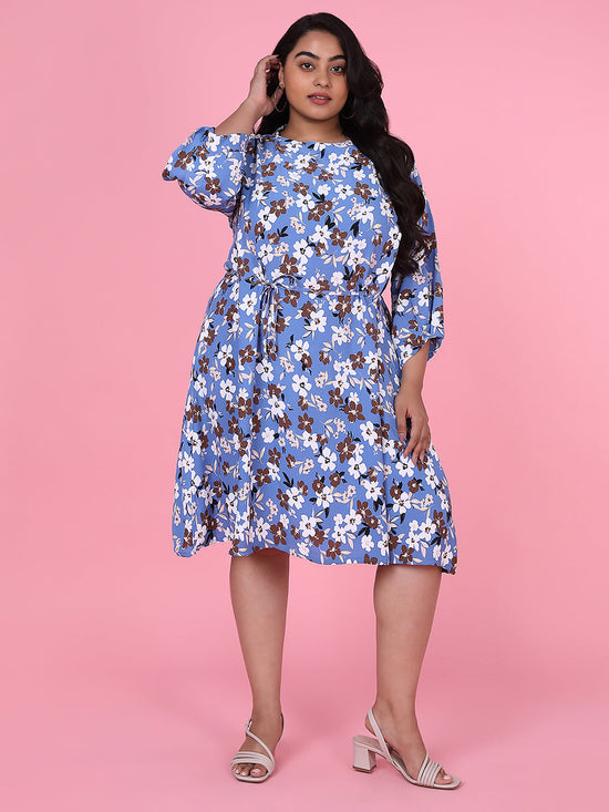 Women Floral Blue Fit and Flare Midi Dress-8I-6058-Blue