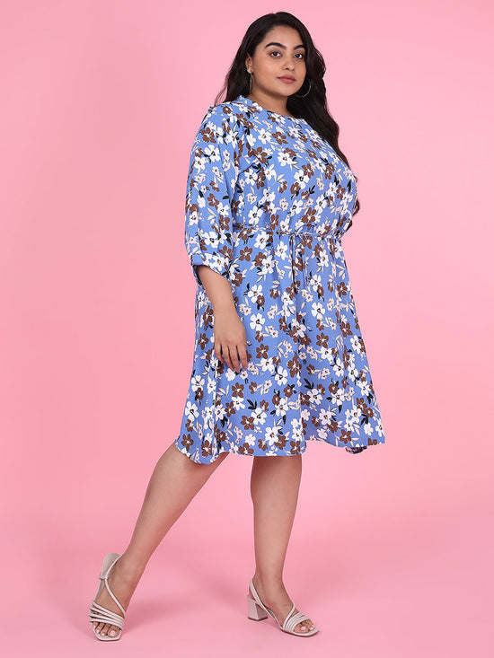 Women Floral Blue Fit and Flare Midi Dress-8I-6058-Blue