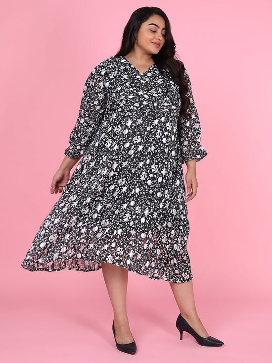 Women Floral Black Fit and Flare Midi Dress-8I-7110-Black